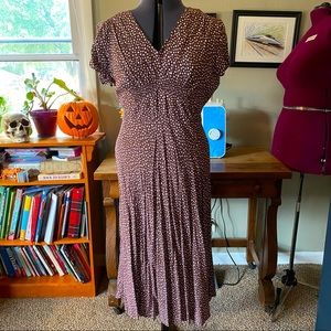 Sz 16 Vintage Style White Polka Dot Brown Dress